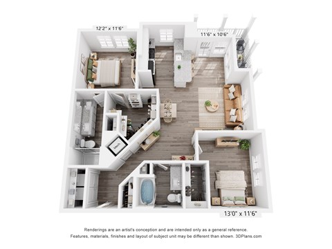Floor plan for 2 beds, 2 baths, 1147 sqft